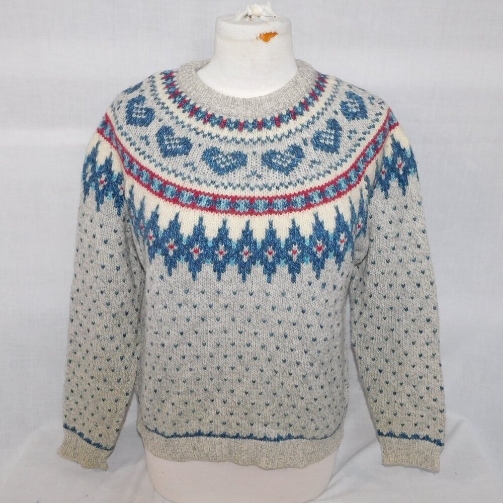 VTG Woolrich Wool Blend Fair Isle hearts Sweater Gray Blue Maroon Womens M